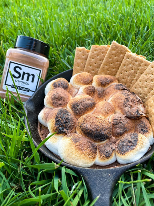 Cast iron pan on the grass with S'mores Dessert Dip with marshmallows and graham crackers next to a jar of Spiceology S'mores blend